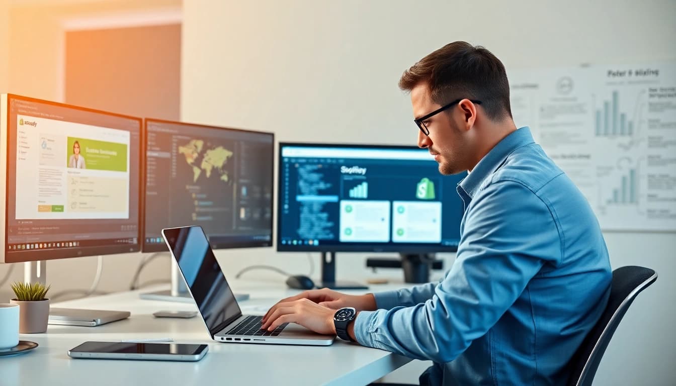 Showcase Headless Shopify development with a focused developer in a modern workspace.