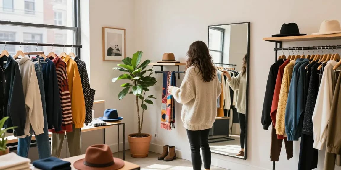 This page showcases a person trying on stylish outfits in a chic urban boutique.