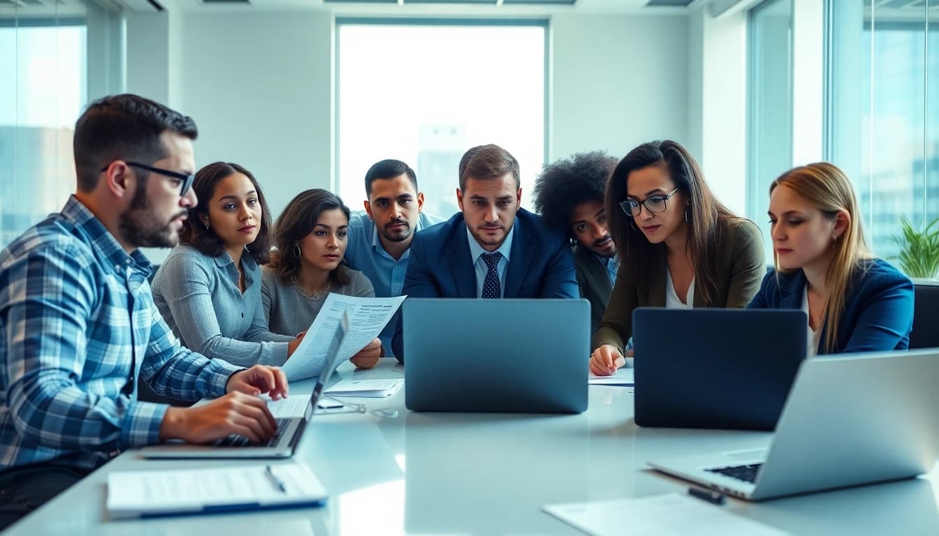 Cyber Essentials UK: professionals collaborating on cybersecurity protocols in an office setting.