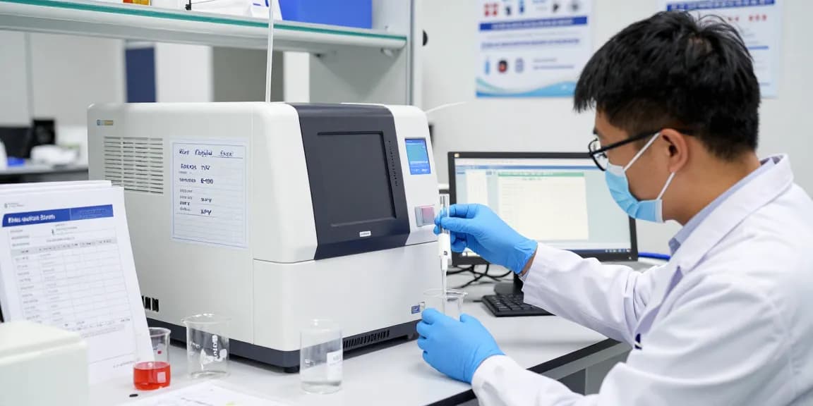 KPV in Klow Peptide Stack being analyzed by a scientist in a sterile lab setting, surrounded by research equipment and data analysis.
