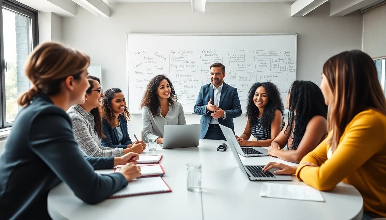 Engaging career coaching session with diverse individuals, fostering collaboration and guidance.