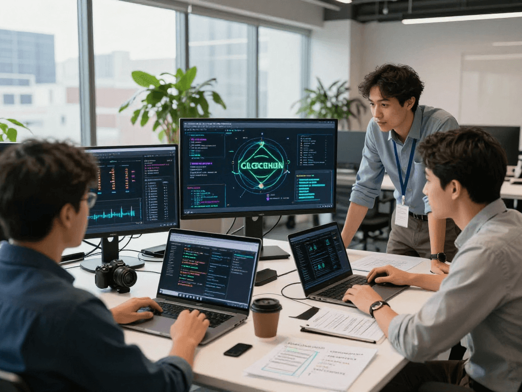 Professional developers collaborating on the USDT0 framework in a modern office.