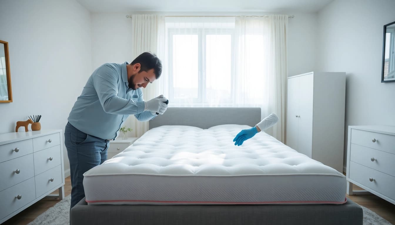 Bed bug removal expert inspecting for infestation in a bright and organized bedroom.