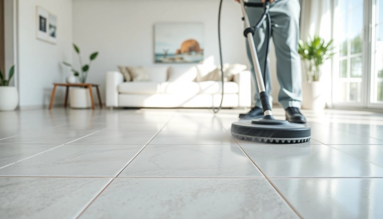 Tile cleaning placer county showcasing a technician expertly cleaning tiles in a bright home.