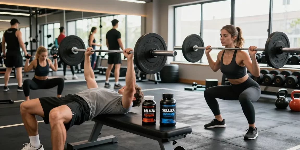 Selliza Steroids used in a vibrant gym scene with fitness enthusiasts lifting weights and engaging in strength training.