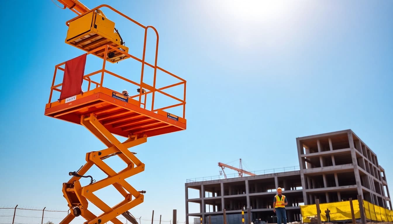 Cherry picker lifting construction workers safely at a job site, showcasing its functional design.