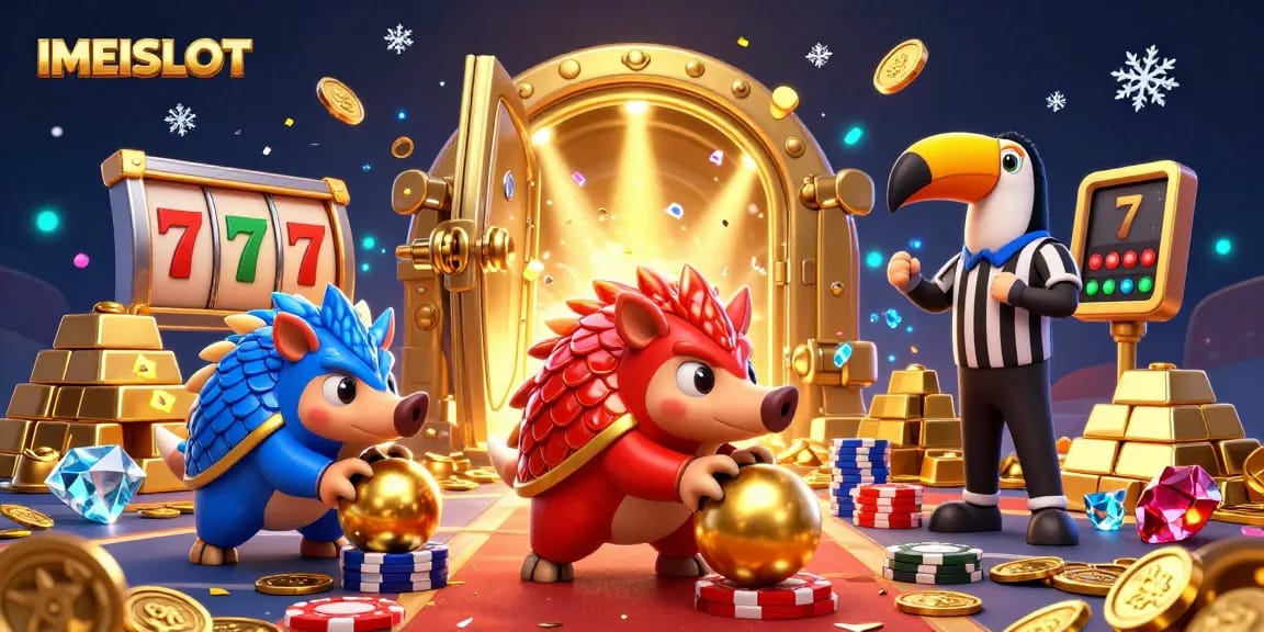 Engage in thrilling action with IMEISLOT as rivals bowl golden balls through poker chips in a vibrant 3D casino.