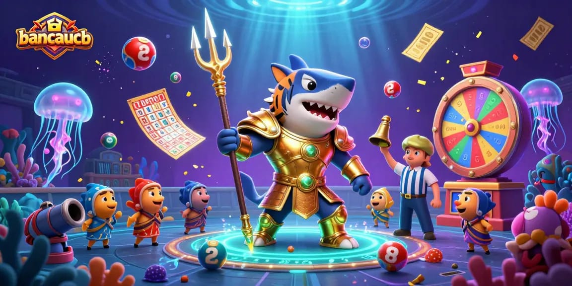 Engage with bancaucb in thrilling underwater action matching the shark gladiator and lively fish audience.