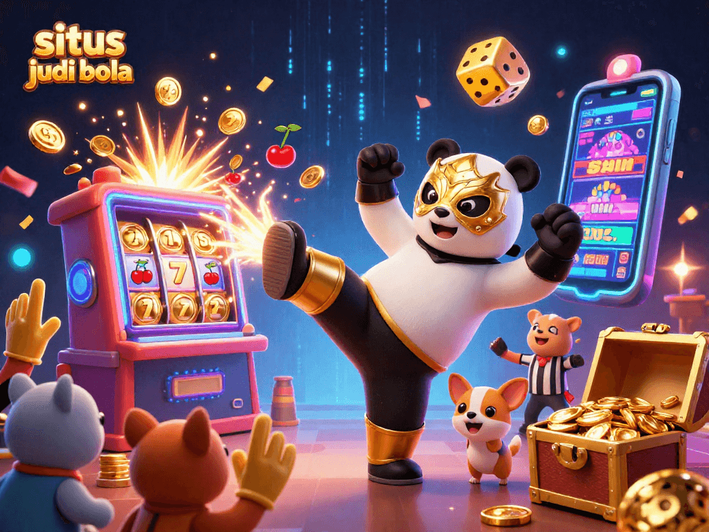 Experience thrilling sports betting action with situs judi bola featuring a cheerful panda and dynamic game elements.