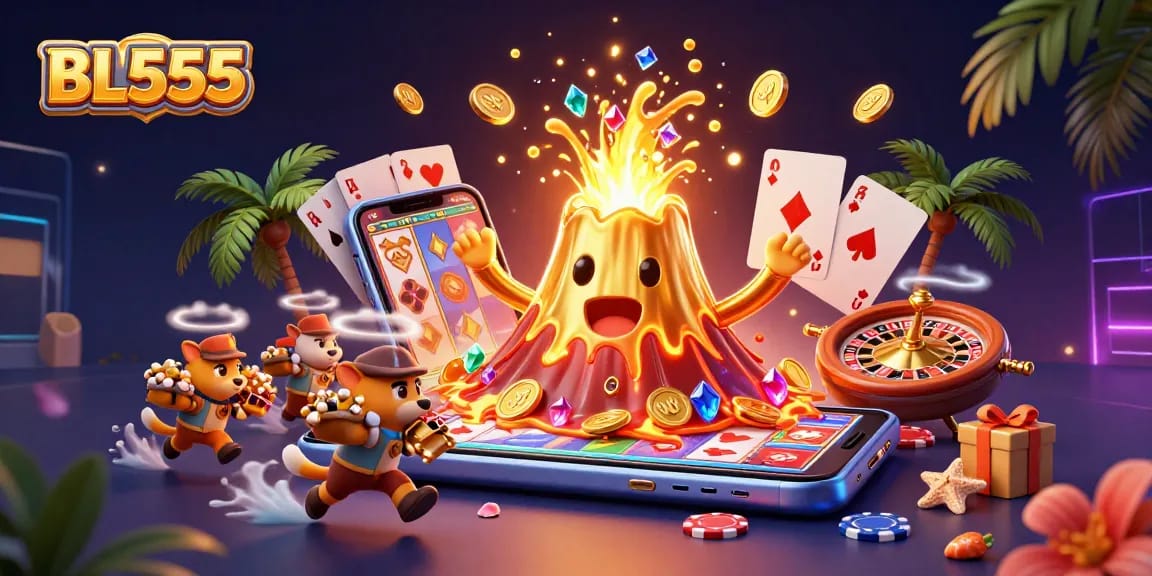 Experience thrilling wins at BL555 with vibrant treasures and gaming excitement in a lively casino scene.