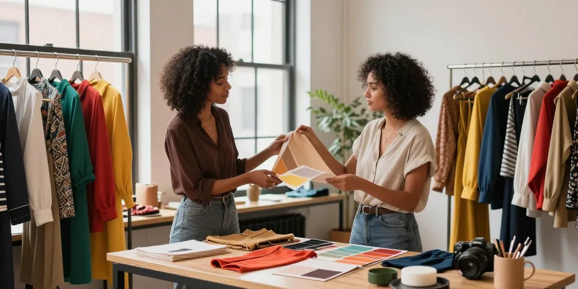Consulenza d'immagine Milano: consulente di stile che aiuta una cliente a scegliere abiti e colori nel suo studio.