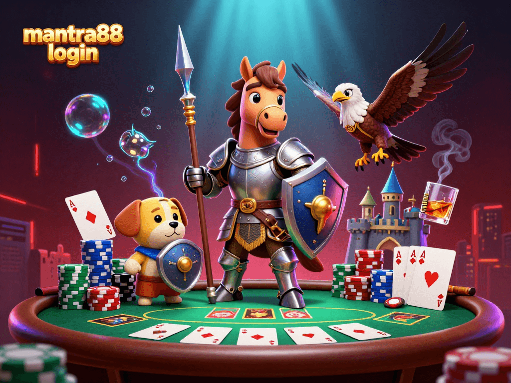 Experience the thrill of mantra88 login with a dynamic poker scene featuring a knight, a puppy, and a falcon.