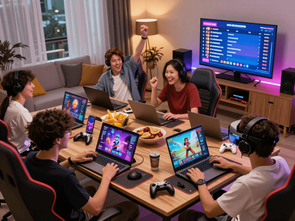Engaged players enjoying sex games on various devices in a vibrant gaming atmosphere.