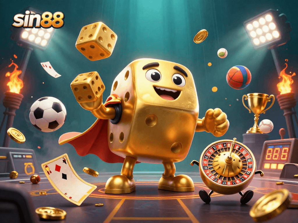 Win exciting games with sin88 featuring a 3D golden dice golem, sports elements, and vibrant lights.