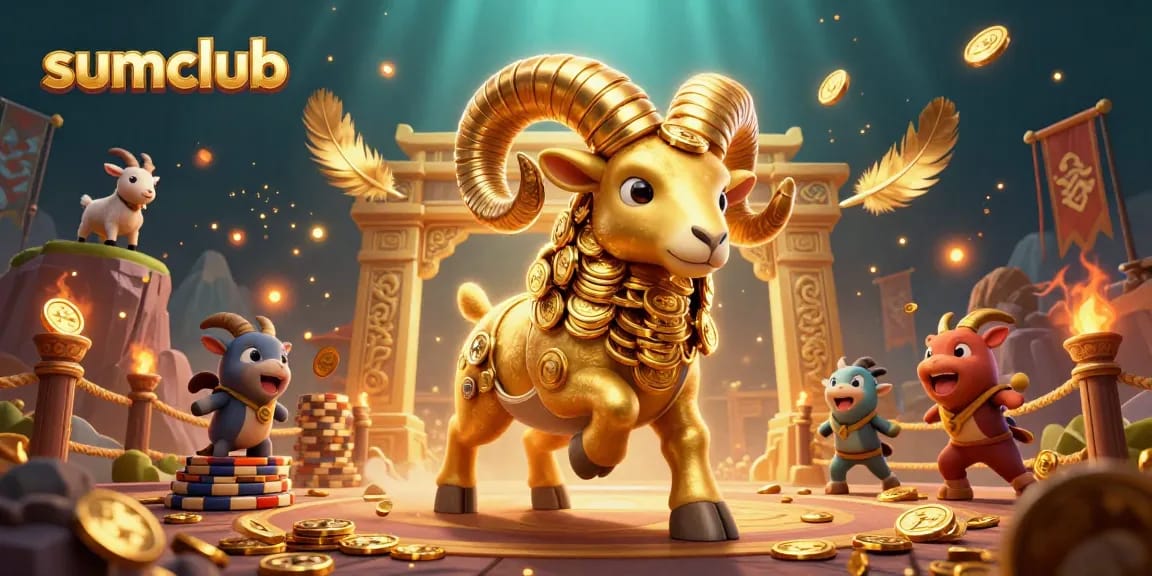 Experience exciting wins at sumclub with a golden ram charging through a casino-themed arena.