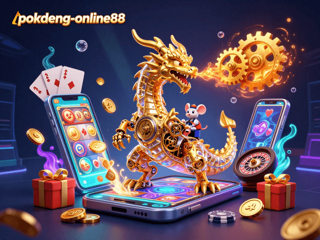 Experience thrilling gameplay with pokdeng-online88 featuring a vibrant dragon design and slot game elements.