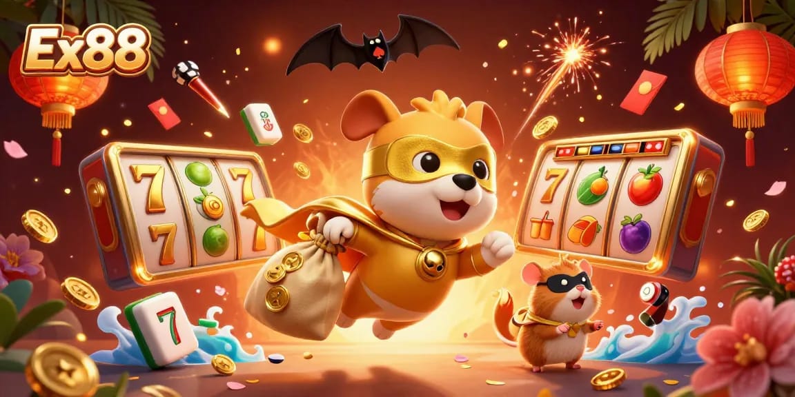 Catch exciting wins with Ex88 as colorful slot reels and lucky symbols surround a superhero dog and his hamster sidekick.
