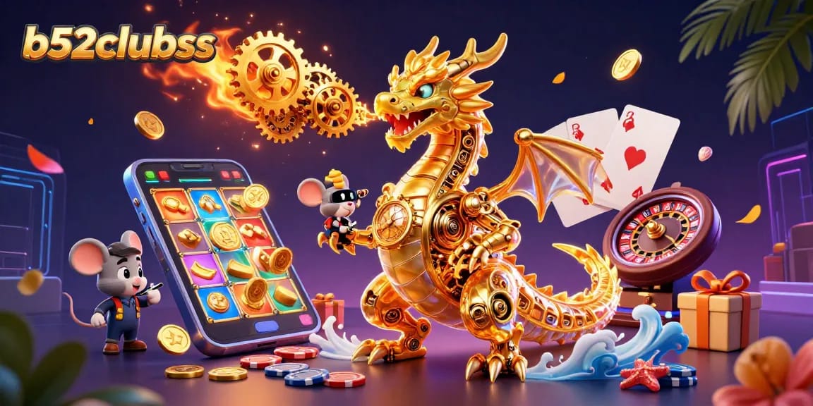 Bets fly high at b52clubss showcasing a golden dragon, slot games, and vibrant casino elements