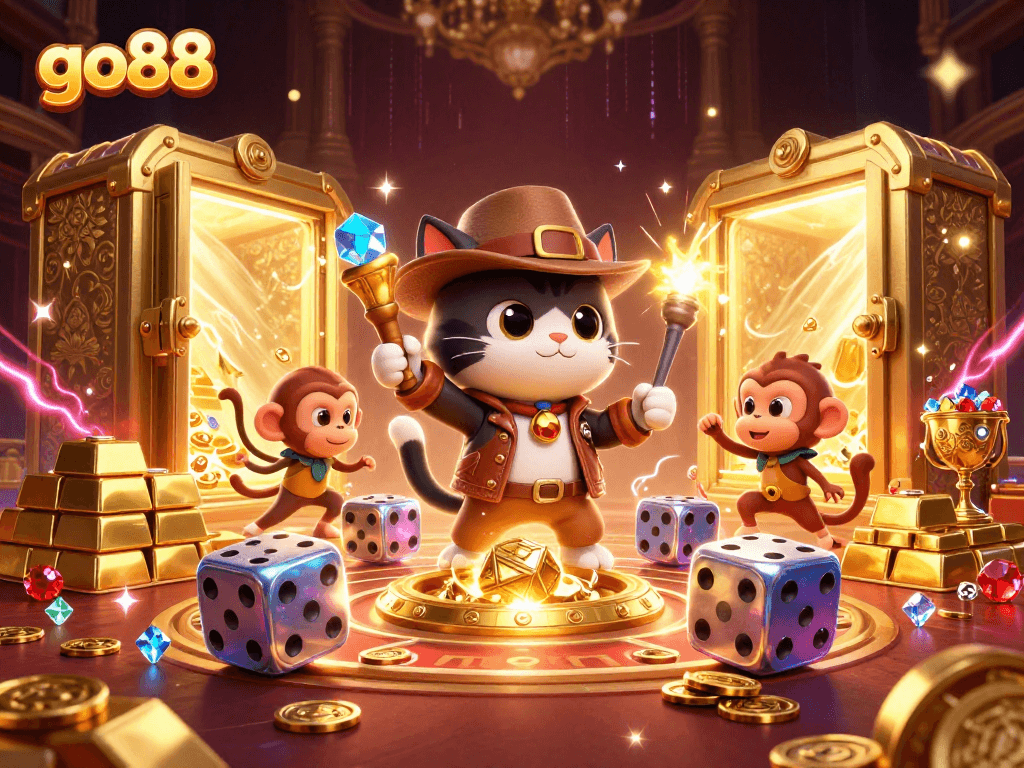 Go88's vibrant casino scene depicts an adventurous cat finding treasure amidst golden gems and dice.