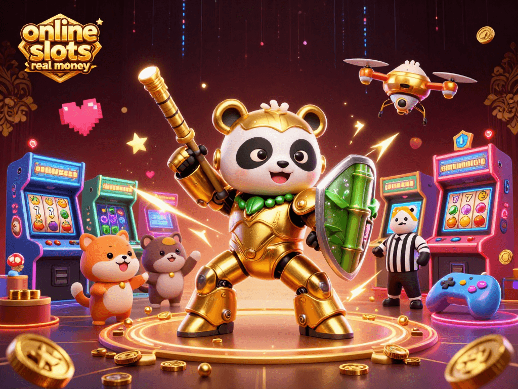 Experience online slots real money with engaging 3D cartoon characters in an exciting casino-themed arena.