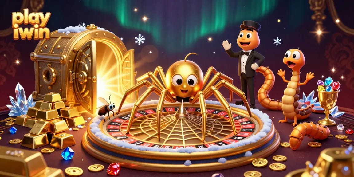 Play iwin for exciting casino thrills with a golden roulette web spun by whimsical characters.