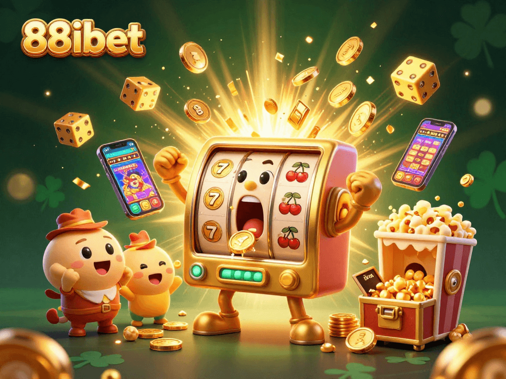 88ibet slot machine hits jackpot while smaller machines cheer, surrounded by festive casino elements.