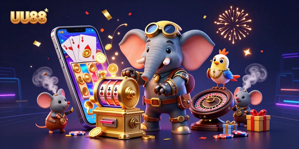 Engage with UU88's innovative slot experience featuring a steampunk elephant and vibrant casino elements.