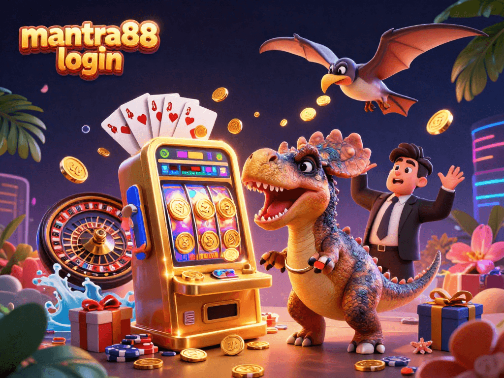 Spin the reels and win big with mantra88 login in this vibrant casino-themed 3D illustration.