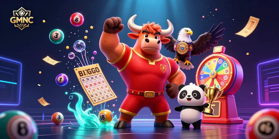 Engage with GMNC as lively lottery balls float amidst winning symbols in a dynamic casino scene.