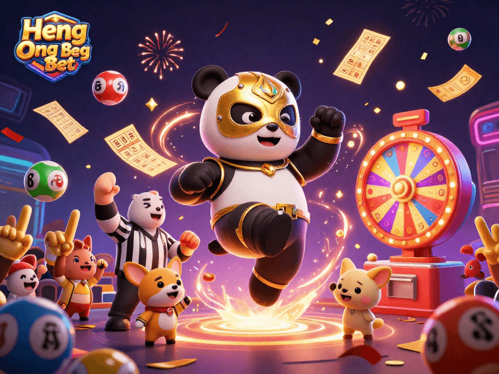 Engage with Heng Ong Bet in a vibrant casino scene featuring a panda wrestler and festive elements.