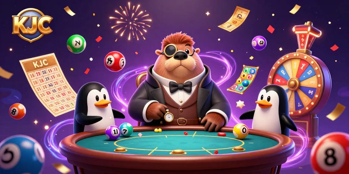 KJC gaming illustration depicts a jolly walrus playing poker with a penguin dealer and pufferfish, showcasing vibrant casino elements.