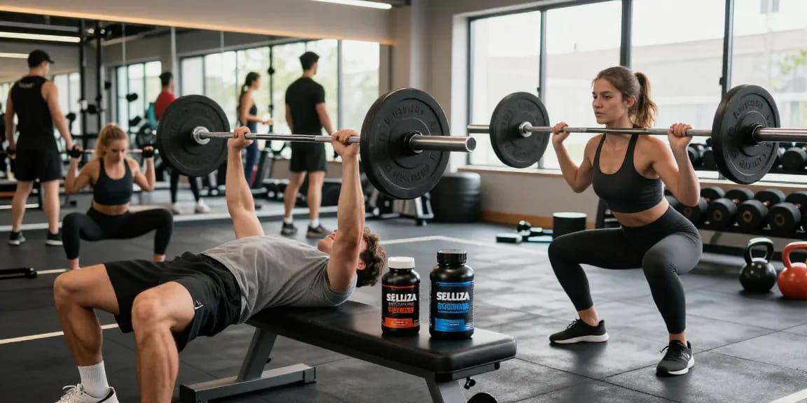 Selliza Steroids used in a vibrant gym scene with fitness enthusiasts lifting weights and engaging in strength training.