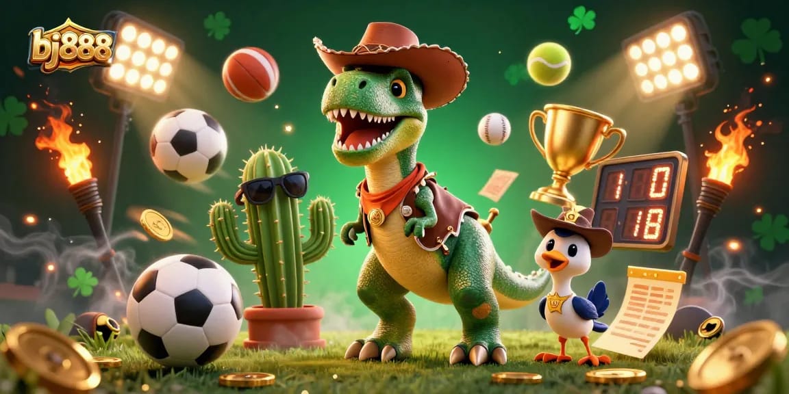 Experience dynamic betting action with bj888 as a T-Rex dinosaur cowboy and friends celebrate wins.