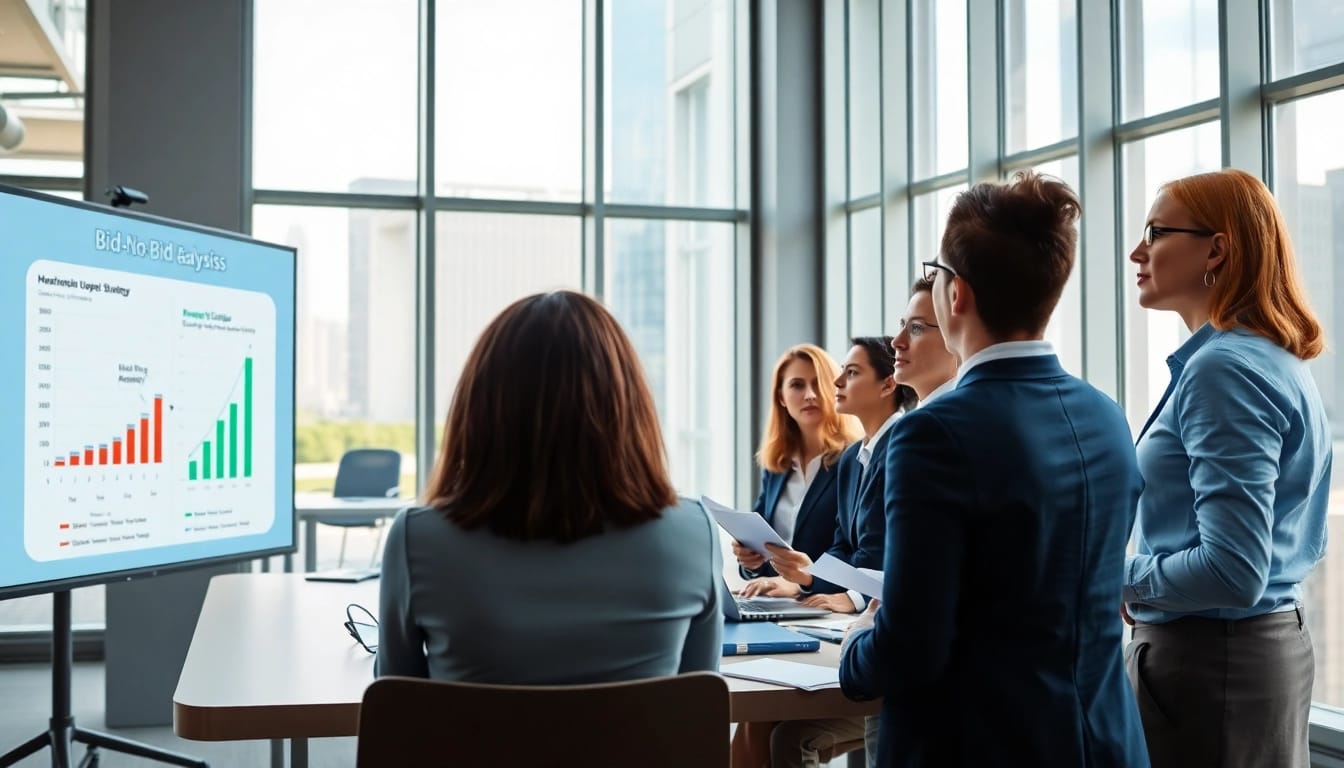 Discussing Bid-No-Bid Analysis in a vibrant business meeting setting.