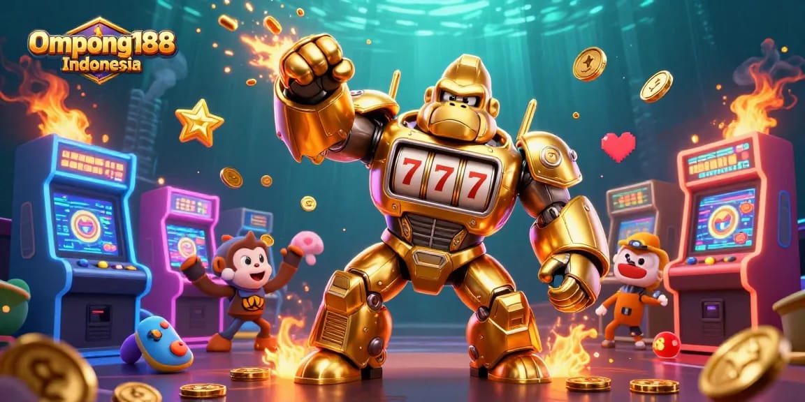 Ompong188 Indonesia menghadirkan ilustrasi 3D mekanik gorila emas di tengah kasino dengan simbol jackpot.