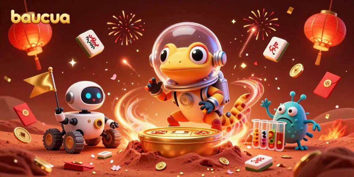 Play the exciting baucua game with vibrant visuals and engaging characters in a captivating casino scene.