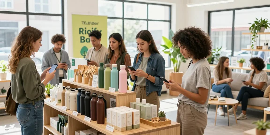Engaging shopping experience at ebbfilter.com showcasing eco-friendly products and diverse customers in a bright retail space.