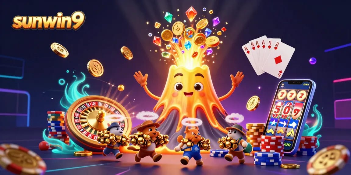 Exciting gameplay at sunwin9 with a golden volcano erupting coins and jewels in a vibrant casino scene.