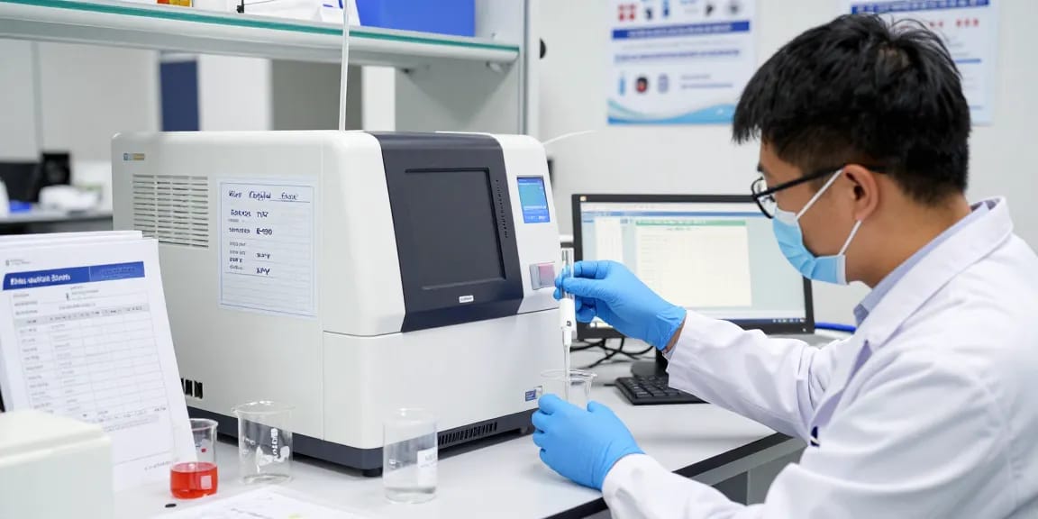 KPV in Klow Peptide Stack being analyzed by a scientist in a sterile lab setting, surrounded by research equipment and data analysis.