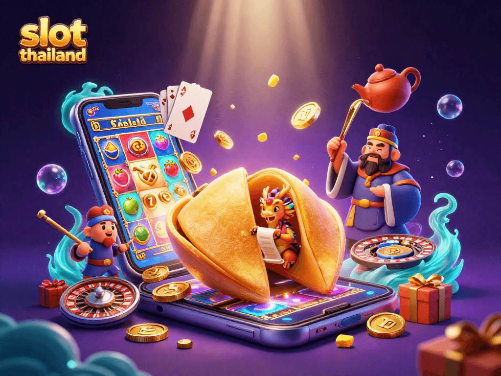 Engage with slot thailand's vibrant world featuring a golden fortune cookie scene illustrating thrilling casino elements.