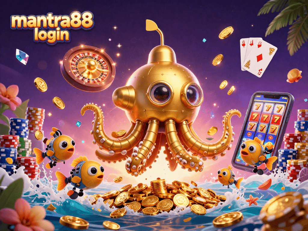 Experience excitement at mantra88 login with a golden kraken submarine amid treasures and casino games.