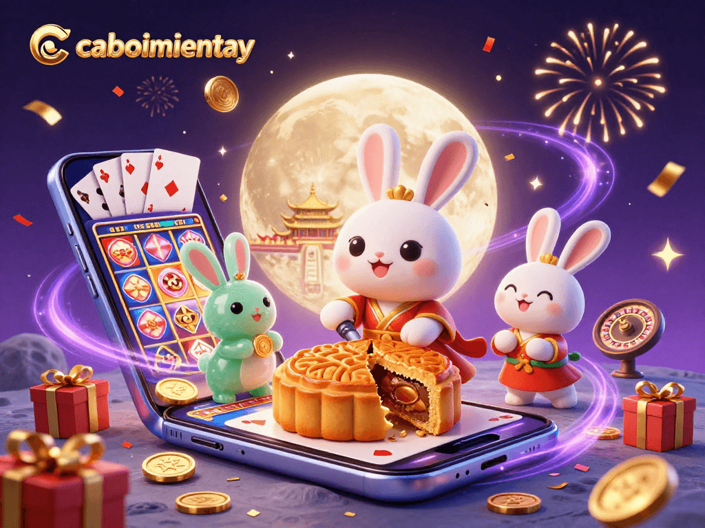Engage in gaming thrills with caoboimientay as cartoon moon rabbits reveal poker chips and exciting slot games.