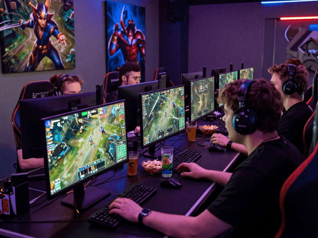 Engaging scene of friends enjoying 롤 리그 경기 배팅 with vibrant gaming setup and live stats displayed.
