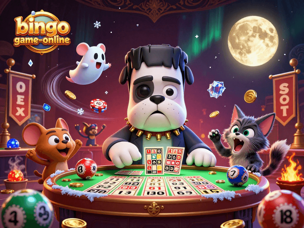 Bingo-game-online showcases a lively scene with a Frankenstein bulldog card dealer, bingo chips, and a golden moon.