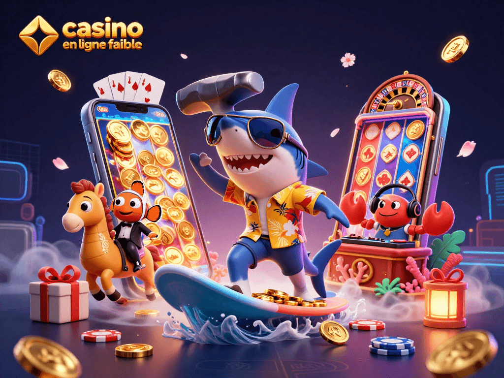 Visualisez un casino en ligne fiable avec des personnages colorés et des jeux animés illustrant l'excitation du jeu.