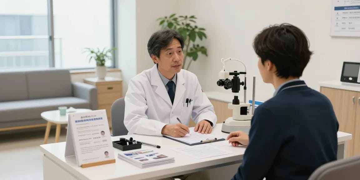 品川近視クリニックの口コミに基づいた医師との相談シーン、患者が視力矯正について話し合っている。