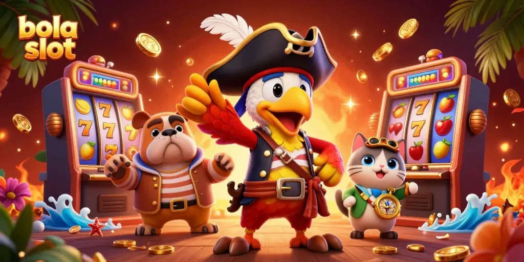Bola slot game scene featuring a cartoon pirate captain and friends enjoying a vibrant casino atmosphere.