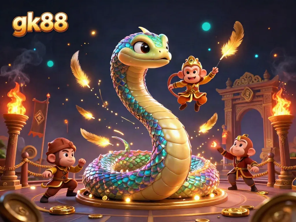 Watch the gk88 magic unfold as a rainbow serpent and monkey king create excitement in a dynamic casino scene.