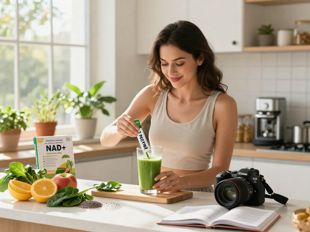 Engaging wellness scene highlighting NAD+ benefits in a bright kitchen with healthy ingredients.
