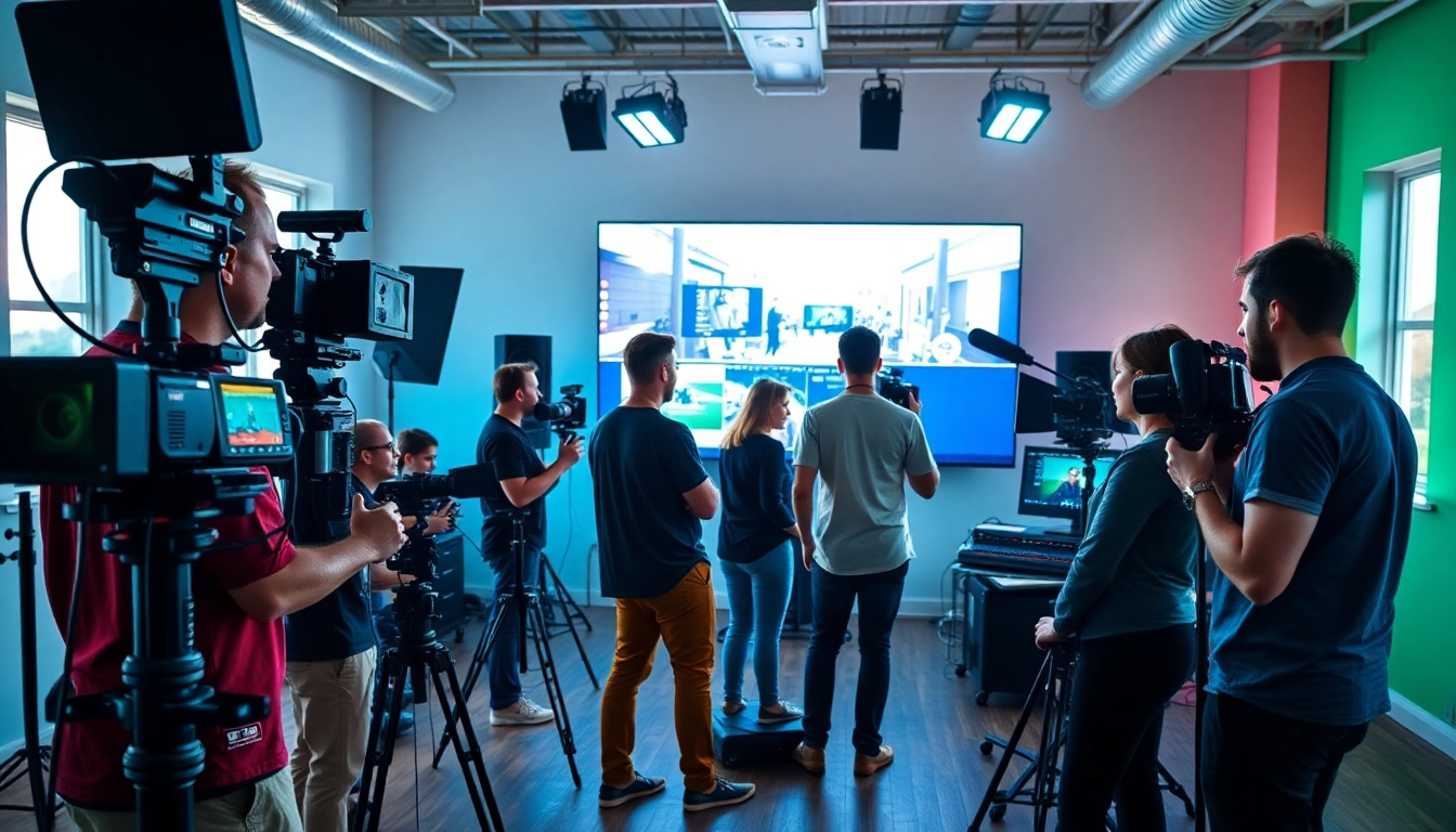 Engaging video production edmonton team collaborates in a studio setting with dynamic equipment.